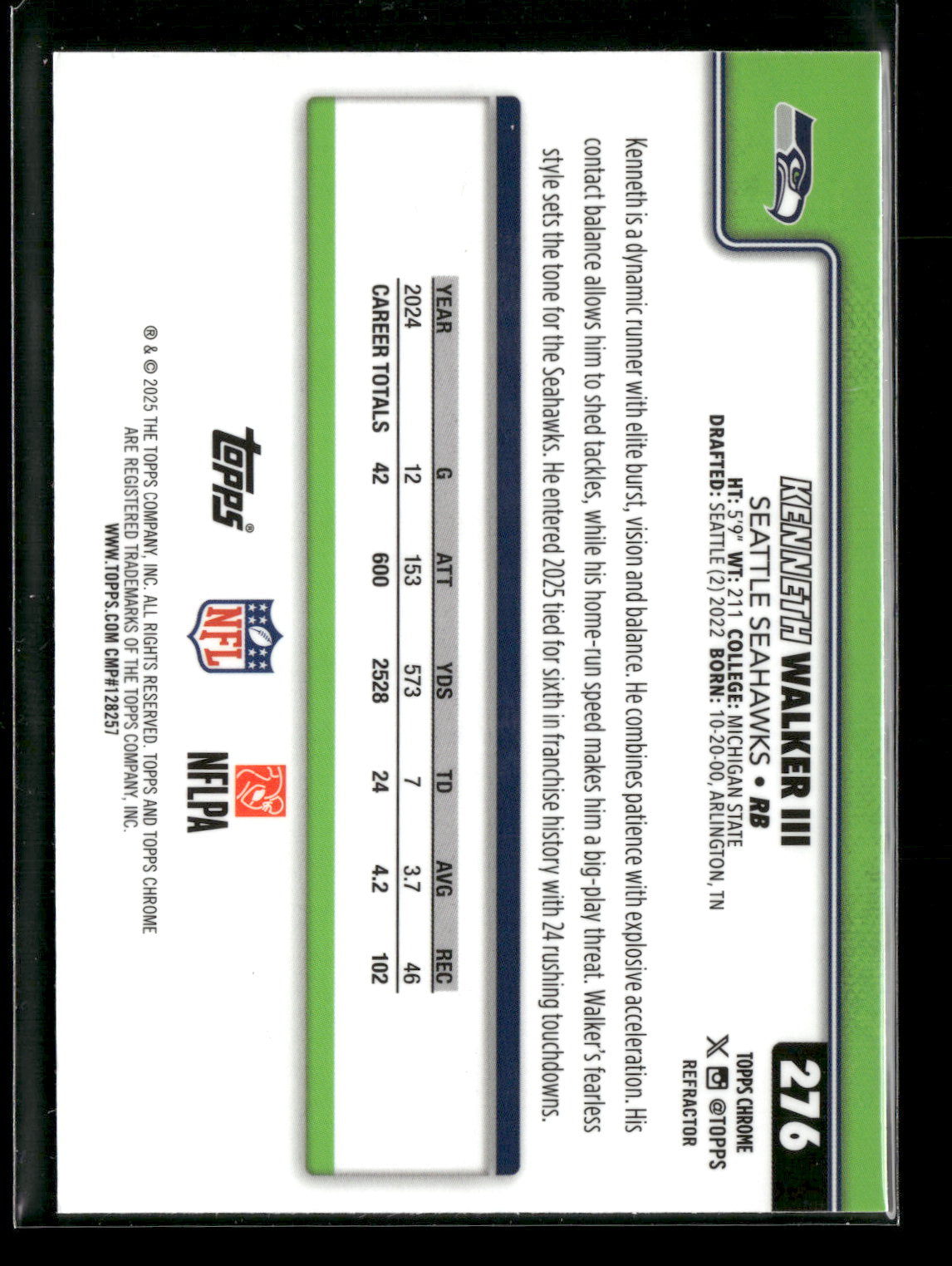 2025 Topps Chrome Football Kenneth Walker III #276 Refractor