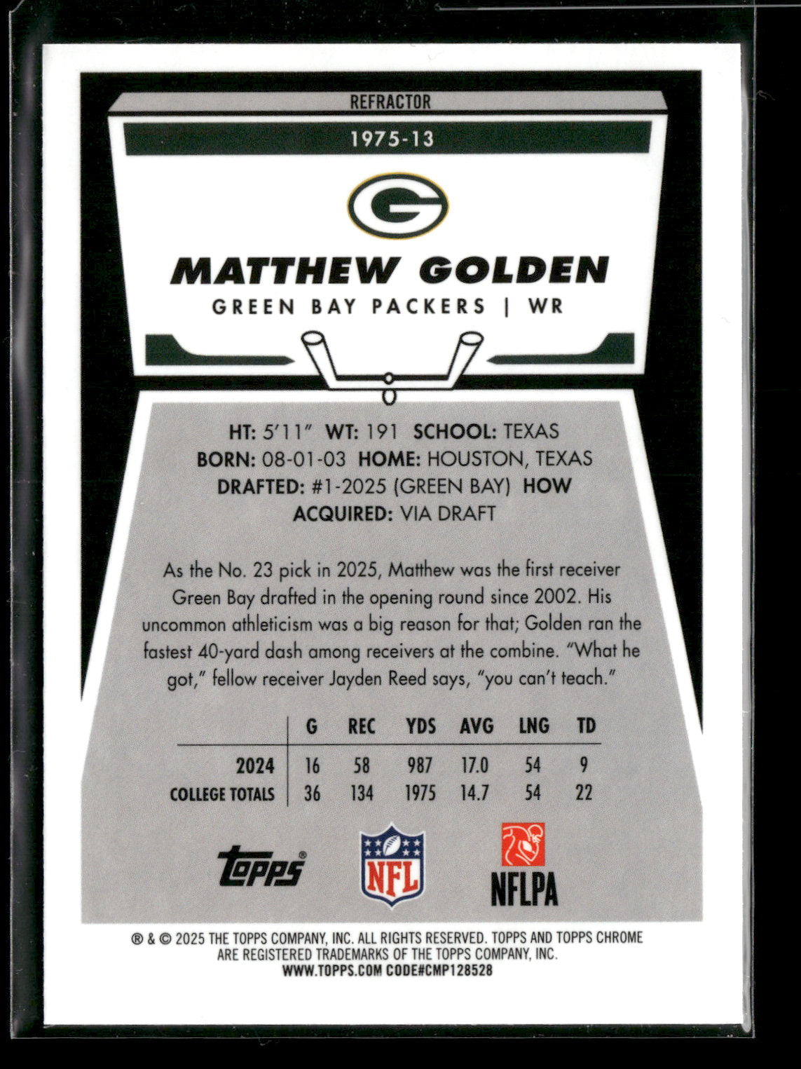 2025 Topps Chrome Football Matthew Golden #1975-13 Refractor 1975 Topps RC