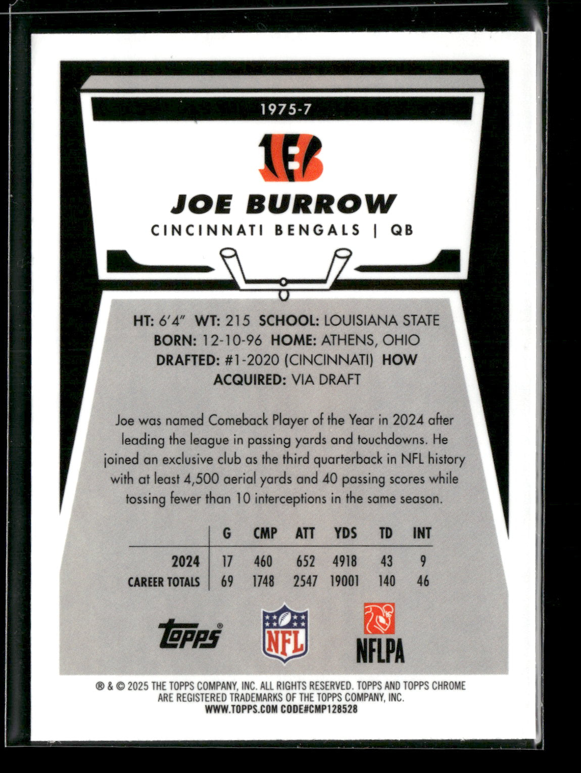 2025 Topps Chrome Football Joe Burrow #1975-7 1975 Topps