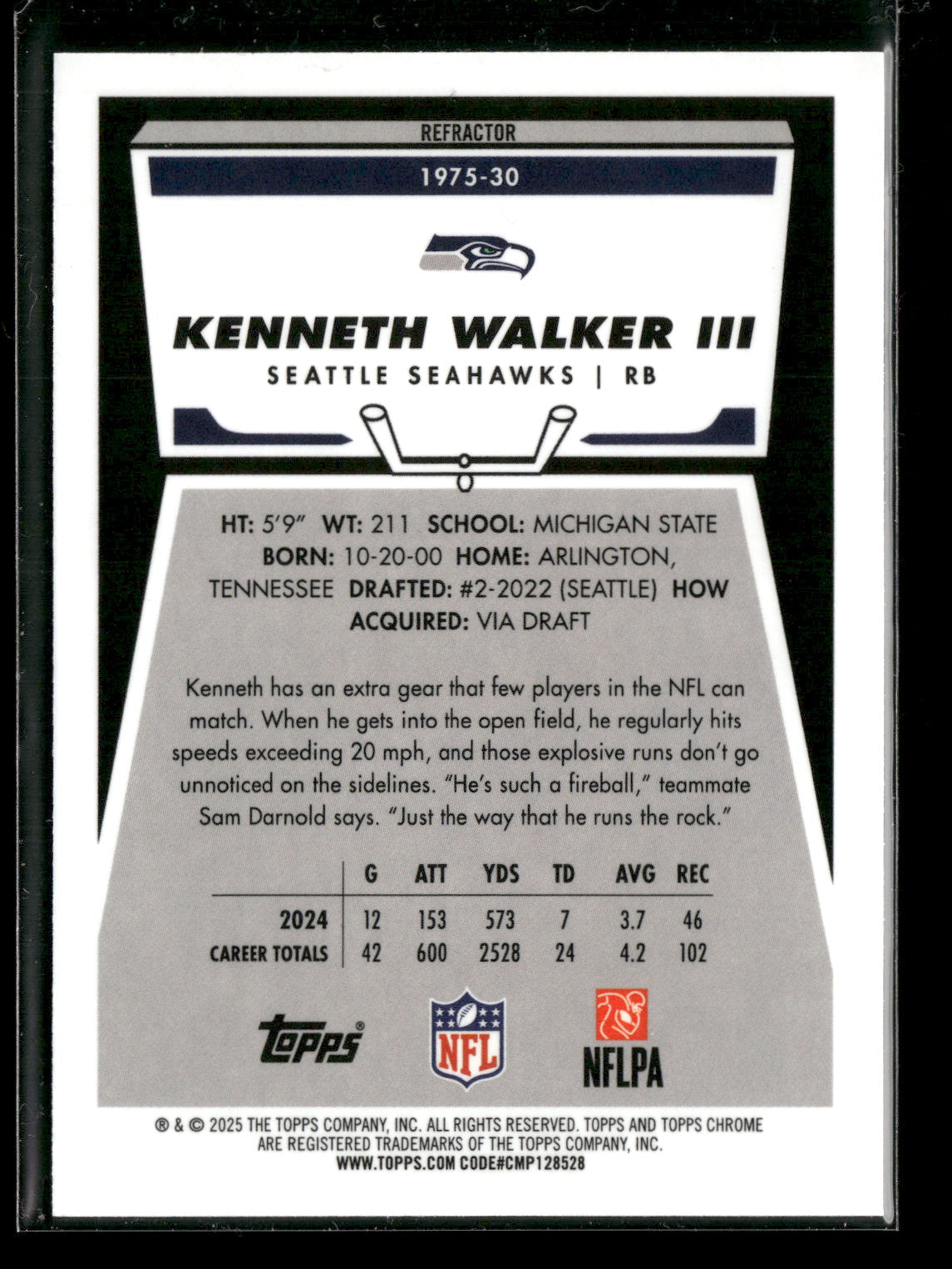 2025 Topps Chrome Football Kenneth Walker III #1975-30 Refractor 1975 Topps