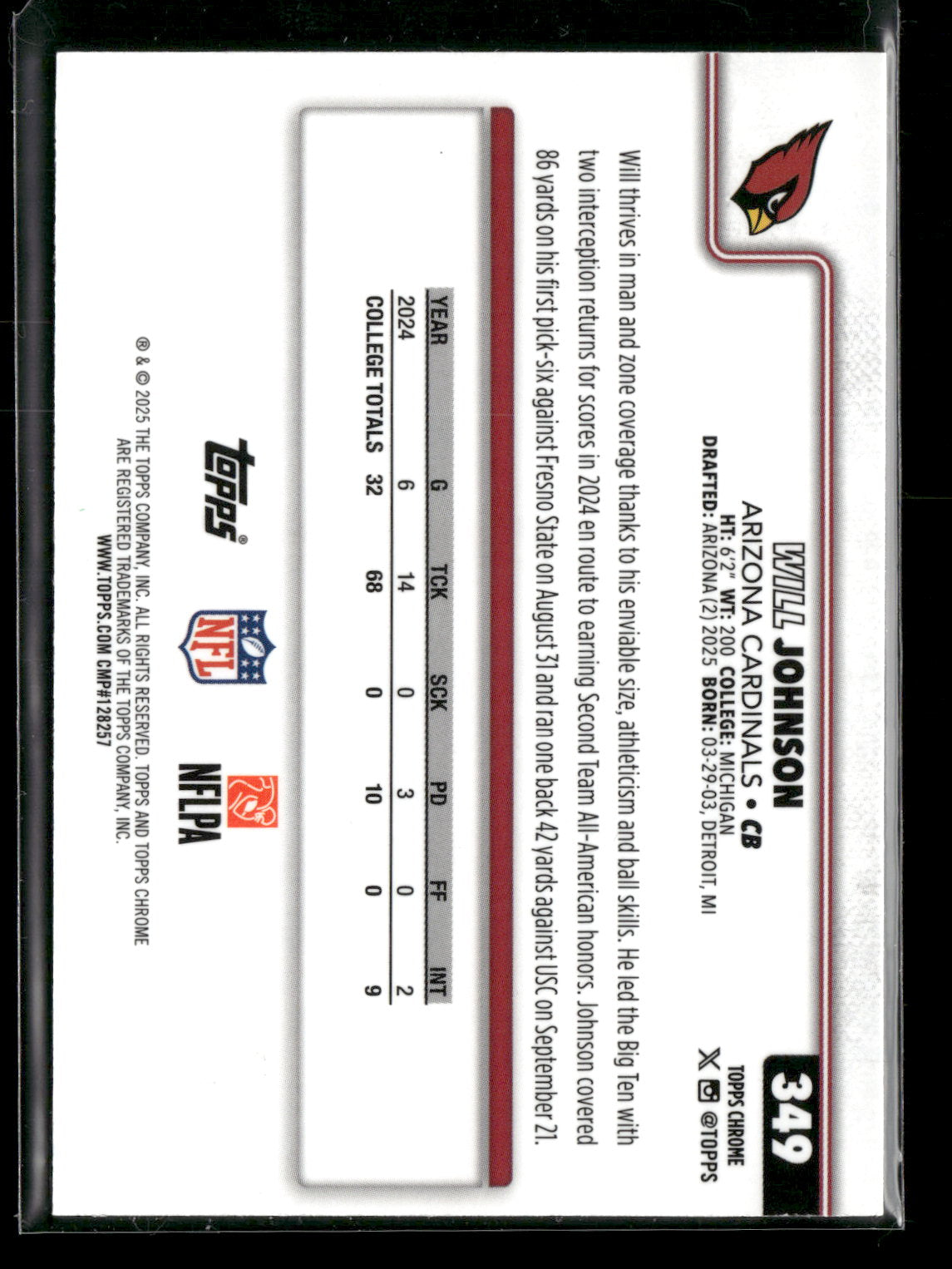 2025 Topps Chrome Football Will Johnson #349 Yellow Wave Refractor /275 RC