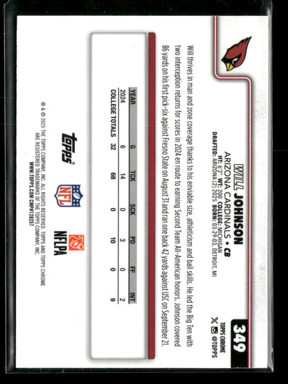 2025 Topps Chrome Football Will Johnson #349 Yellow Wave Refractor /275 RC