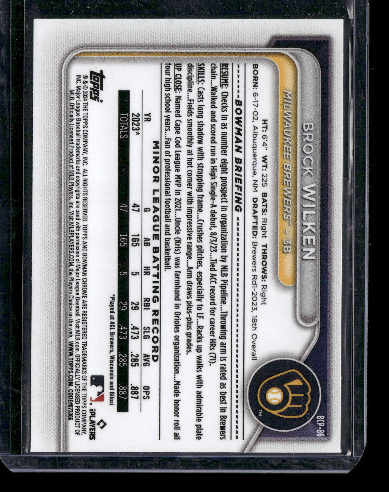 2024 Bowman Chrome Brock Wilken #BCP-86 Mega Box Mojo Refractor 1st Bowman