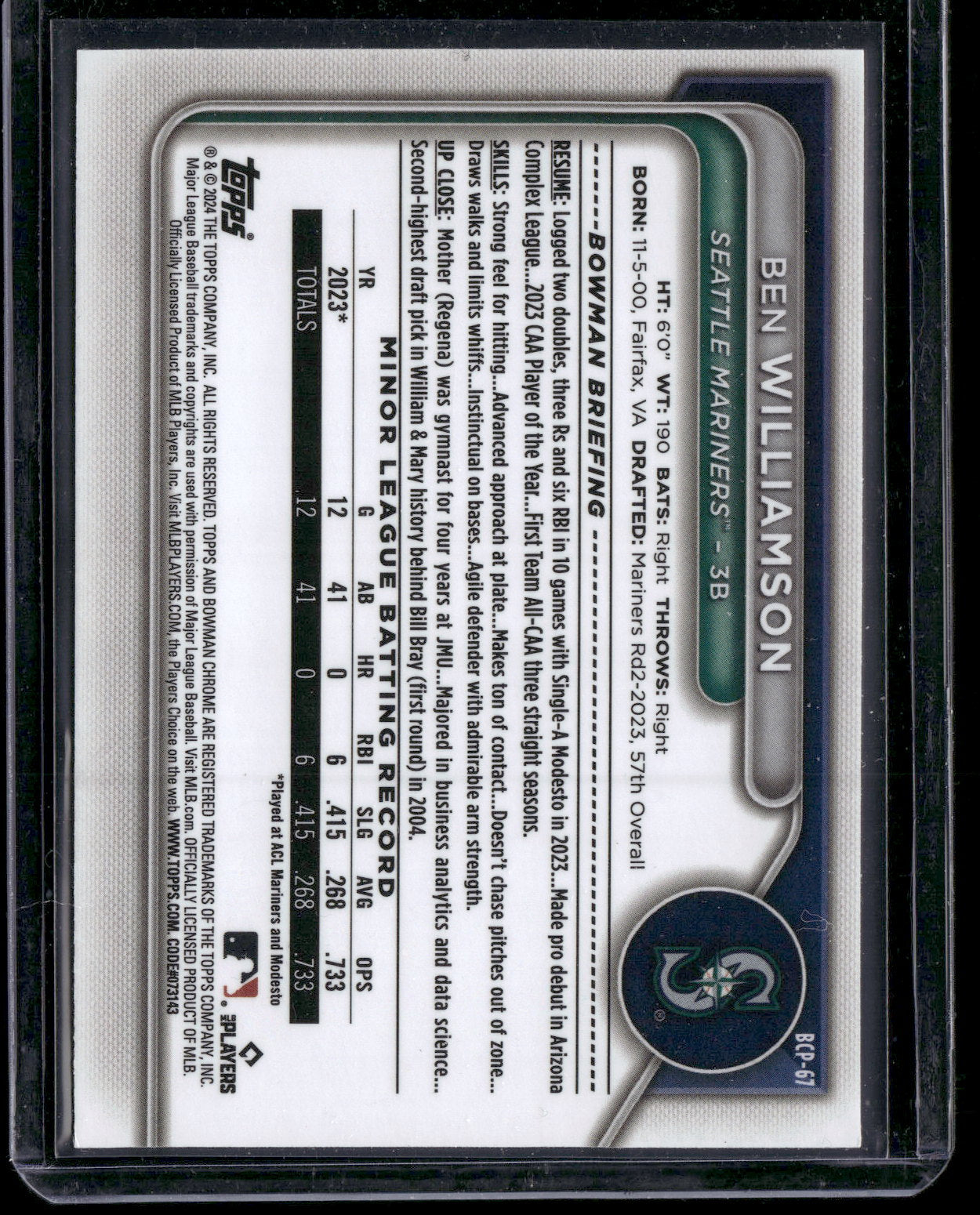 2024 Bowman Chrome Ben Williamson #BCP-67 1st Bowman