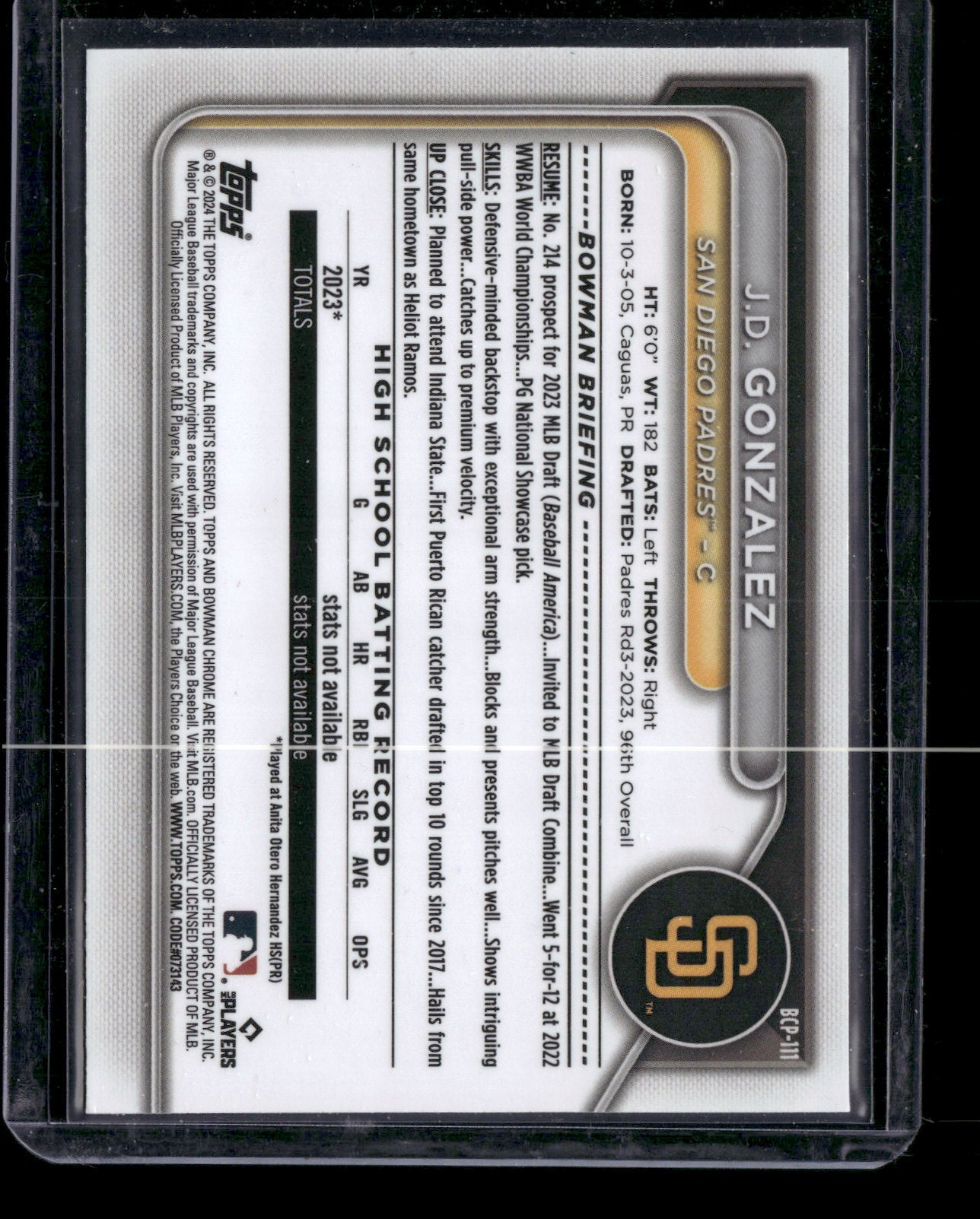 2024 Bowman Chrome J.D. Gonzalez #BCP-111 1st Bowman
