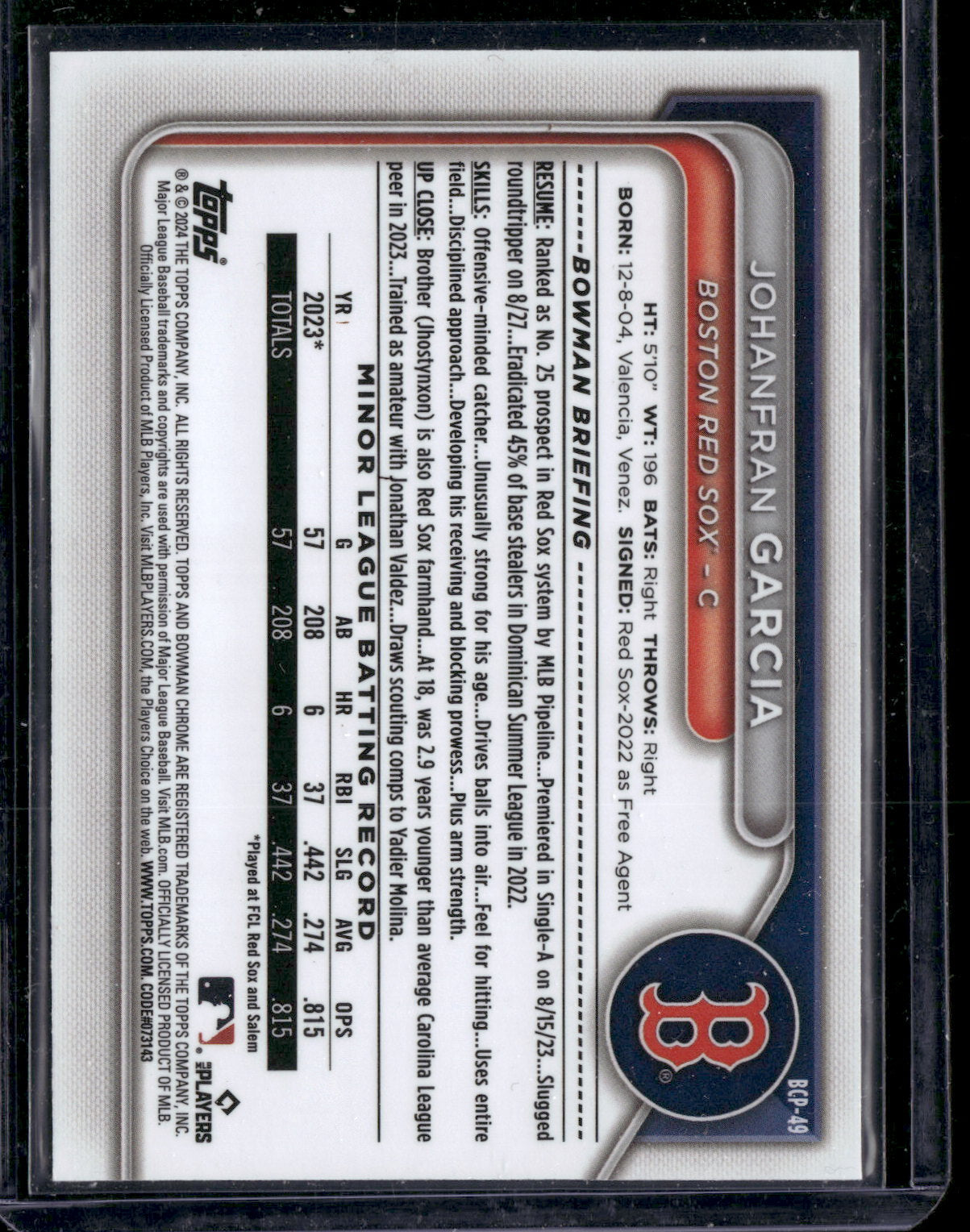 2024 Bowman Chrome Johanfran Garcia #BCP-49 1st Bowman