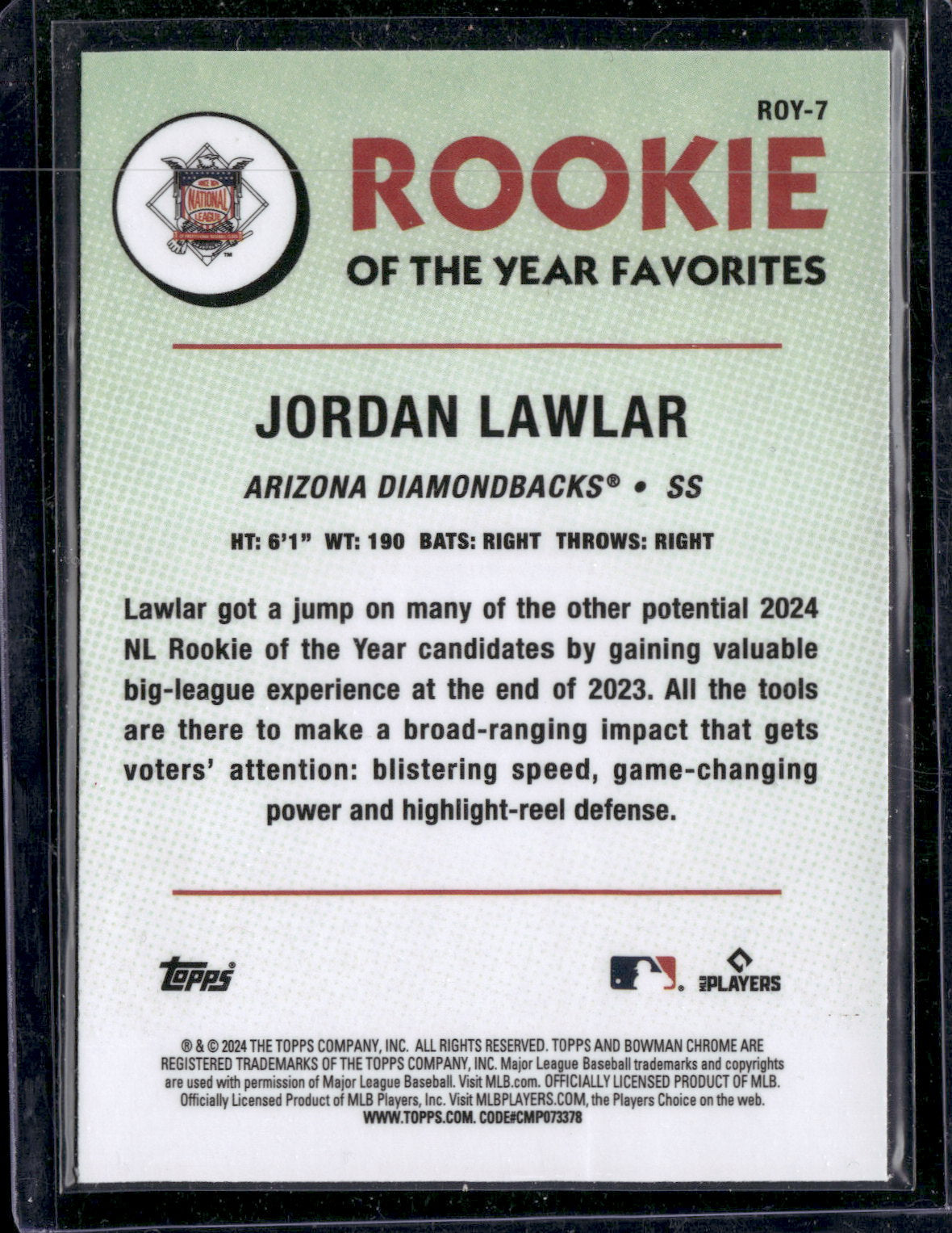 2024 Bowman Chrome Jordan Lawlar #ROY-7 Mega Box Mojo Refractor Rookie of the Year Favorites RC