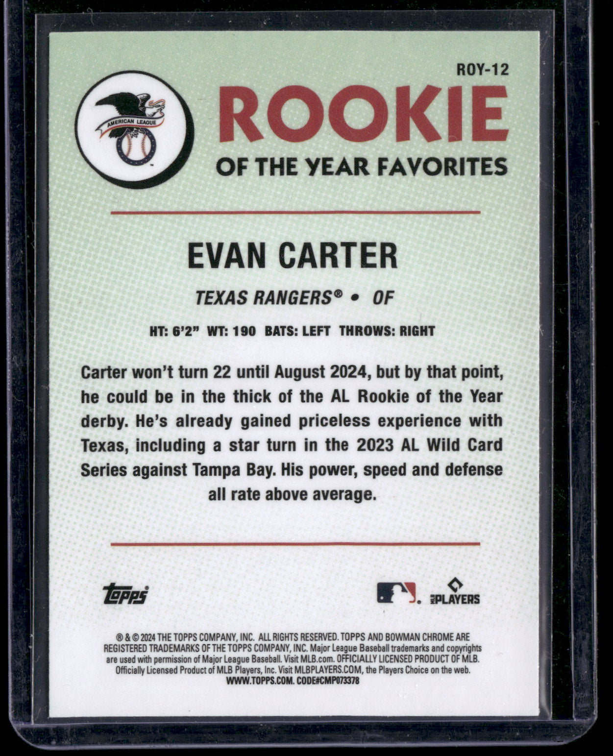 2024 Bowman Chrome Evan Carter #ROY-12 Mega Box Mojo Refractor Rookie of the Year Favorites RC