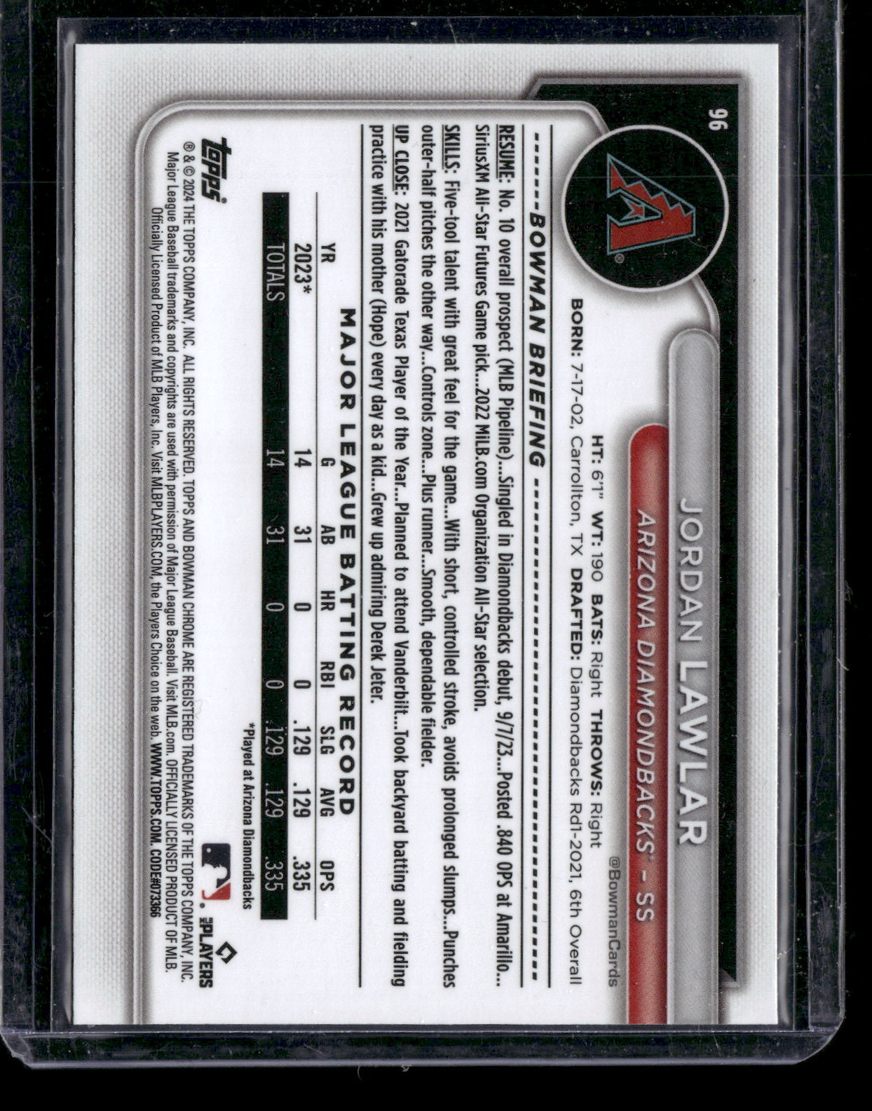 2024 Bowman Chrome Jordan Lawlar #96 Mega Box Mojo Refractor RC