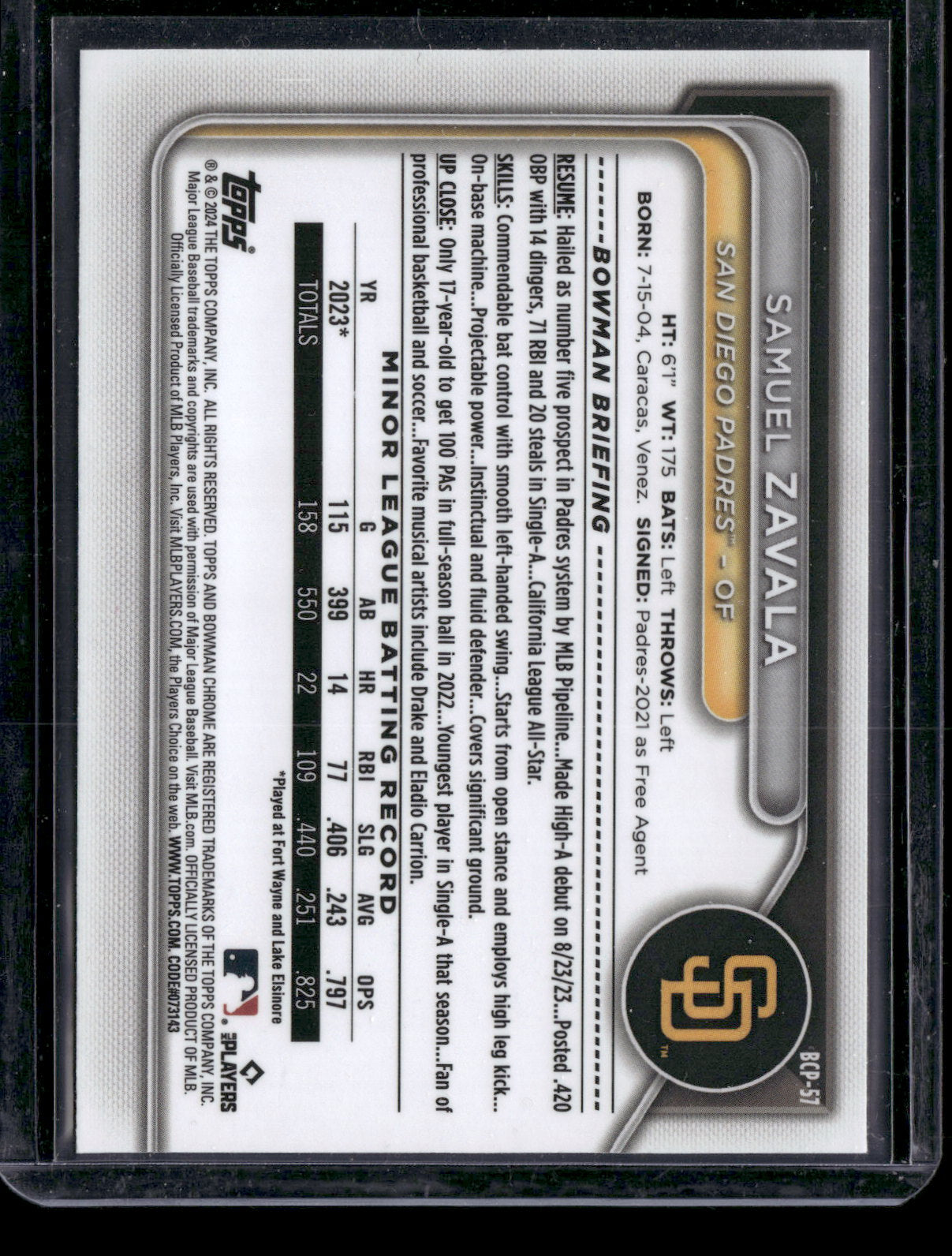 2024 Bowman Chrome Samuel Zavala #BCP-57
