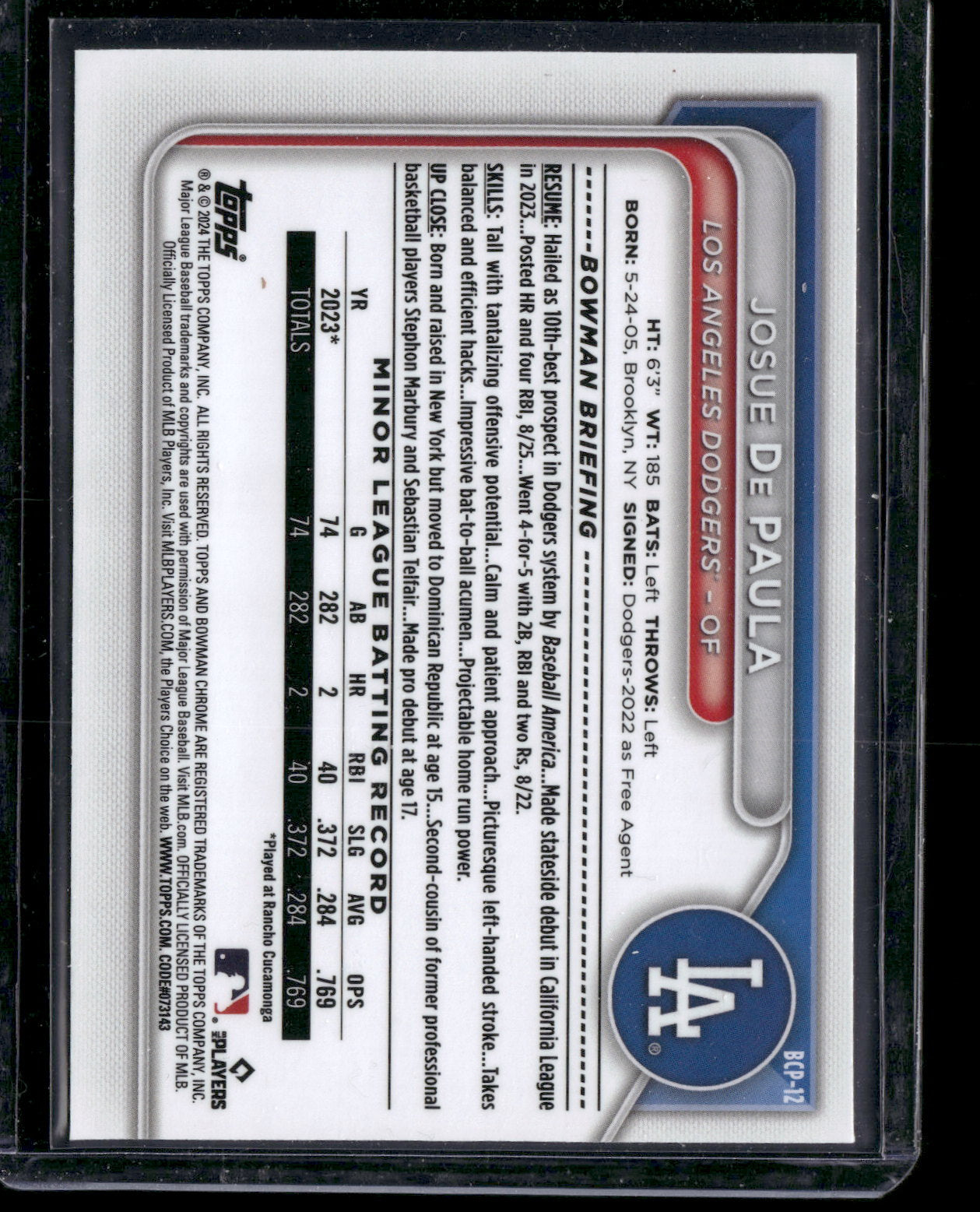 2024 Bowman Chrome Josue De Paula #BCP-12