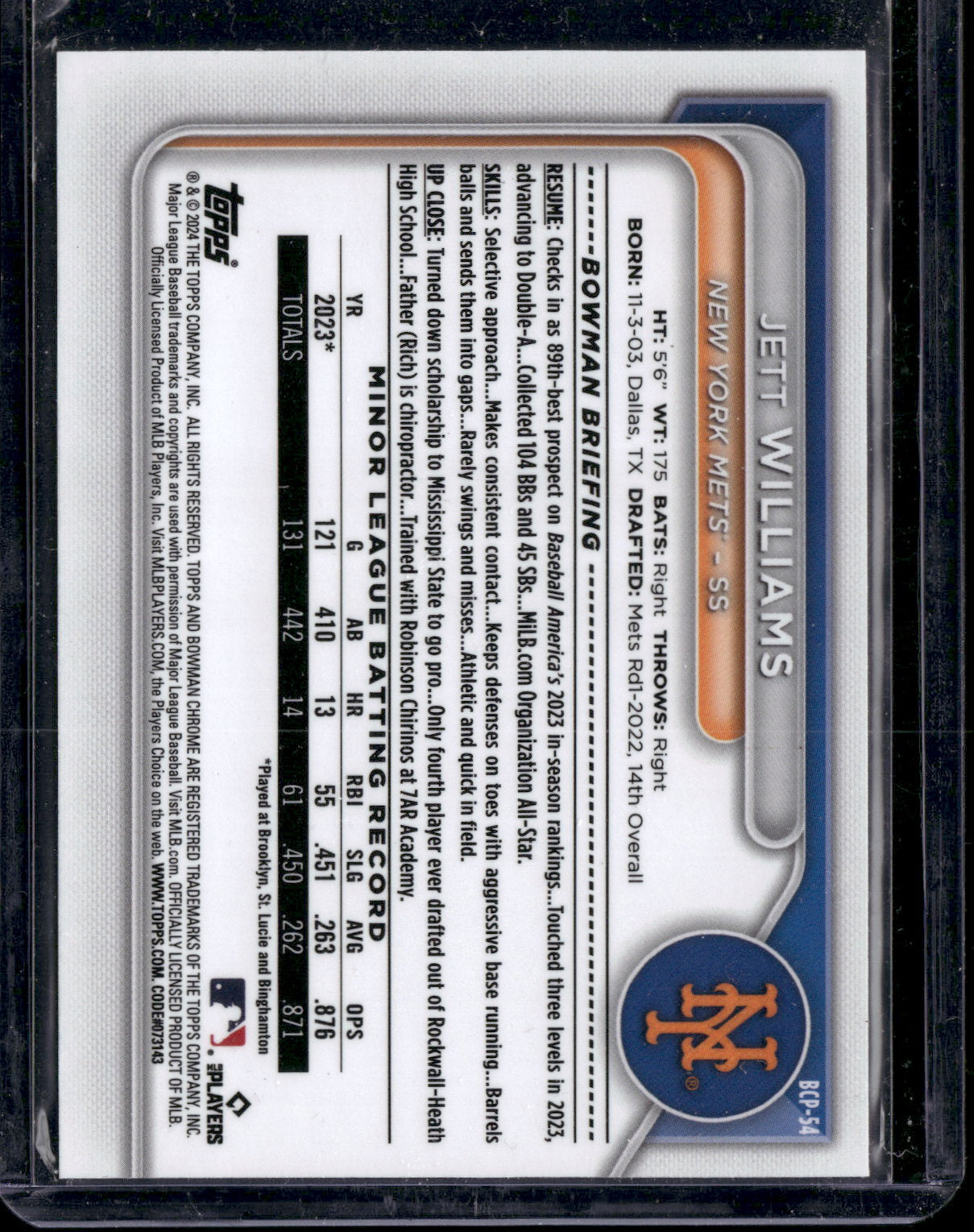 2024 Bowman Chrome Jett Williams #BCP-54