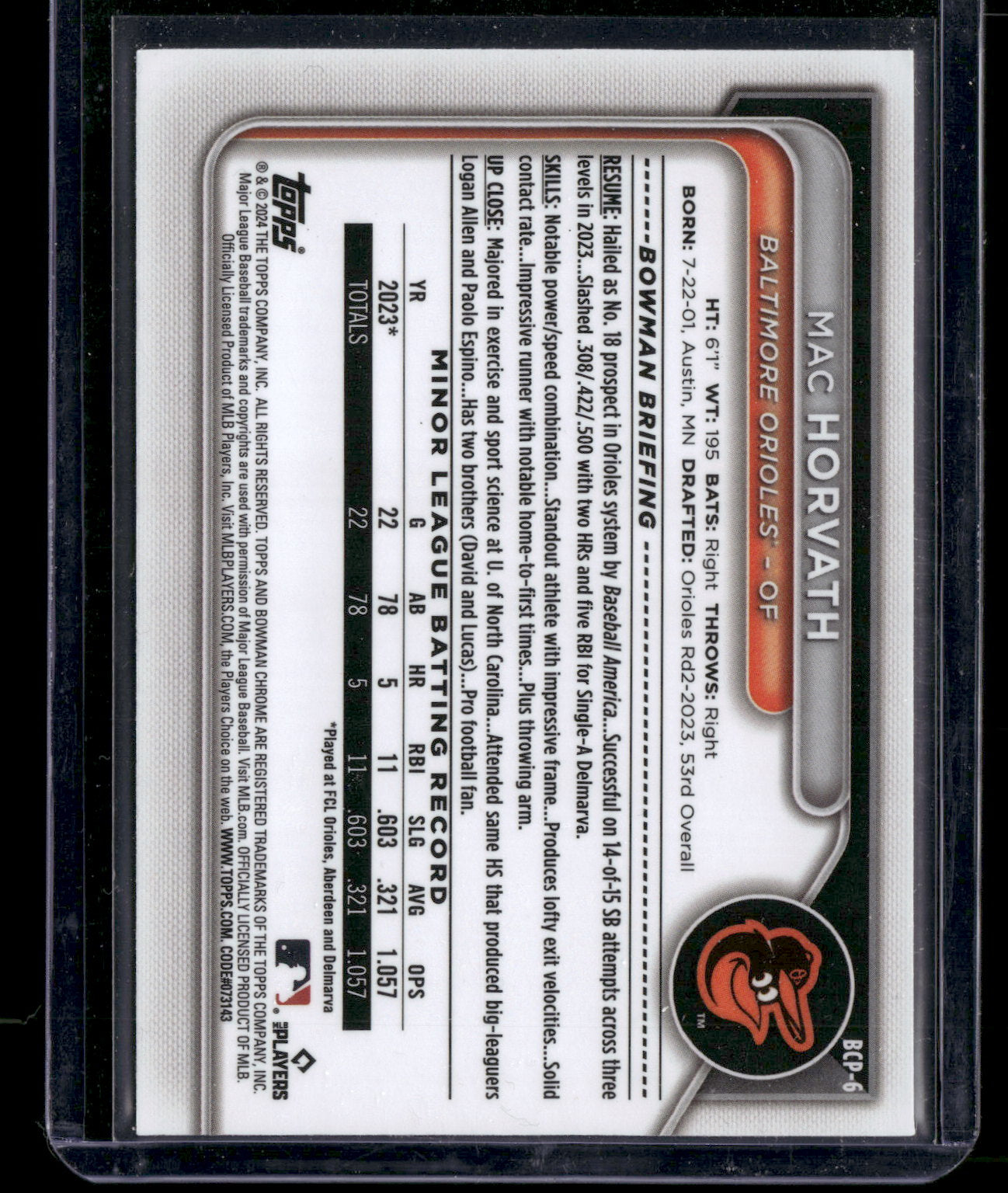 2024 Bowman Chrome Mac Horvath #BCP-6