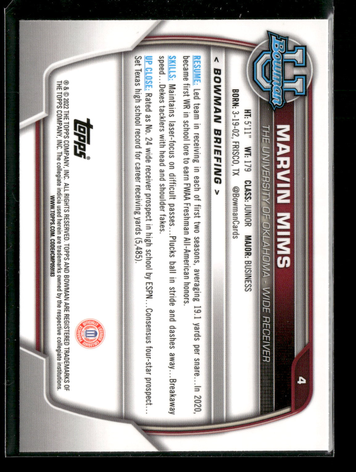 2022 Bowman Chrome University Football Marvin Mims #4 Pink Refractor