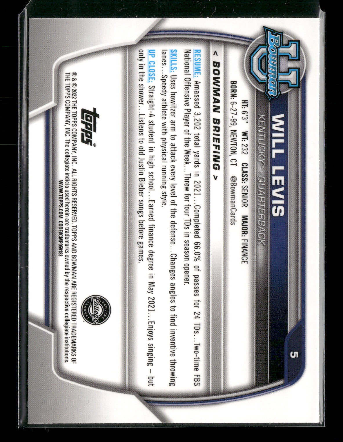 2022 Bowman Chrome University Football Will Levis #5 Pink Refractor