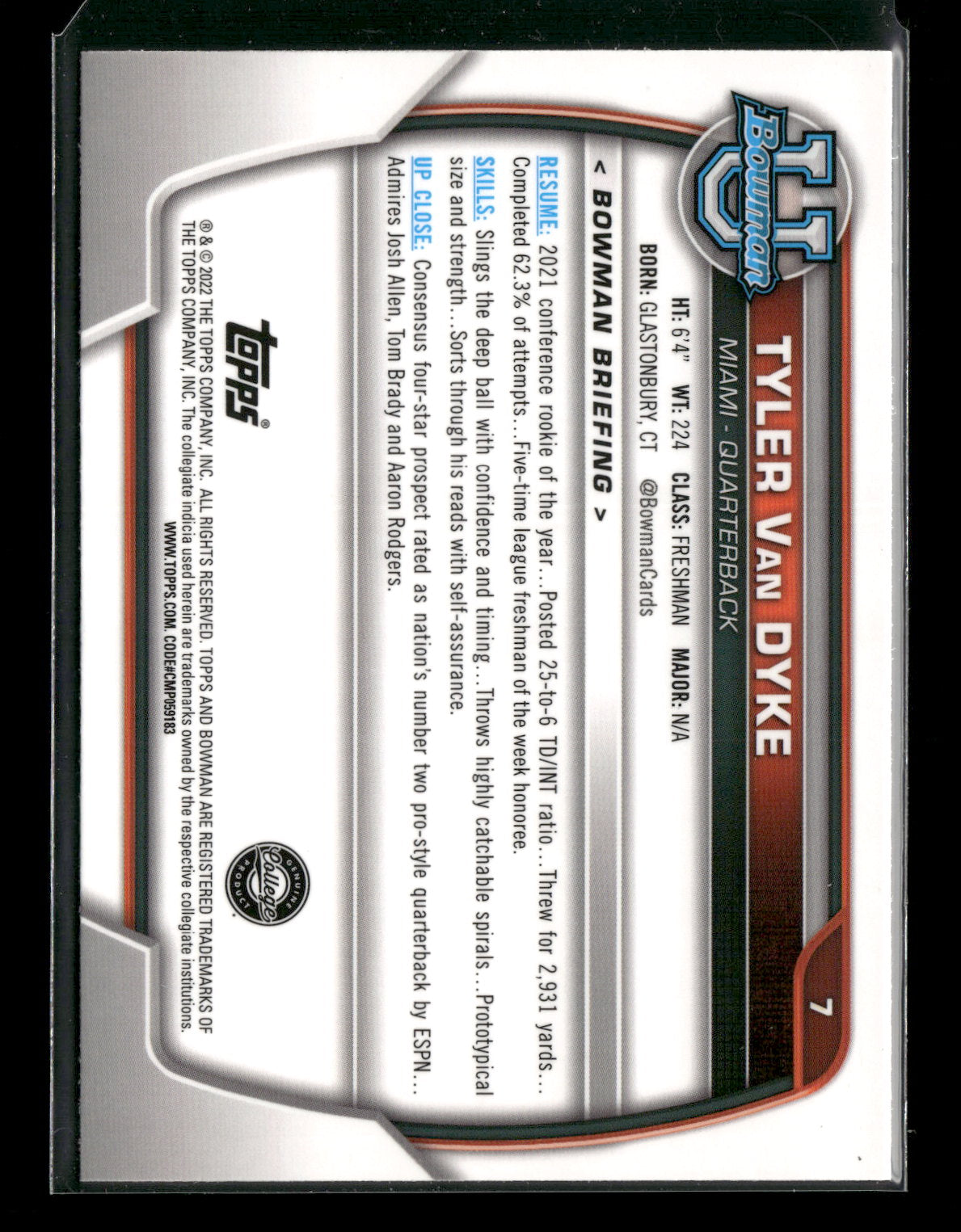 2022 Bowman Chrome University Football Tyler Van Dyke #7 Pink Refractor