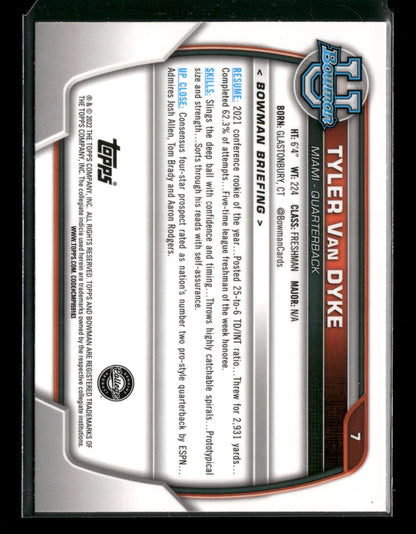 2022 Bowman Chrome University Football Tyler Van Dyke #7 Pink Refractor