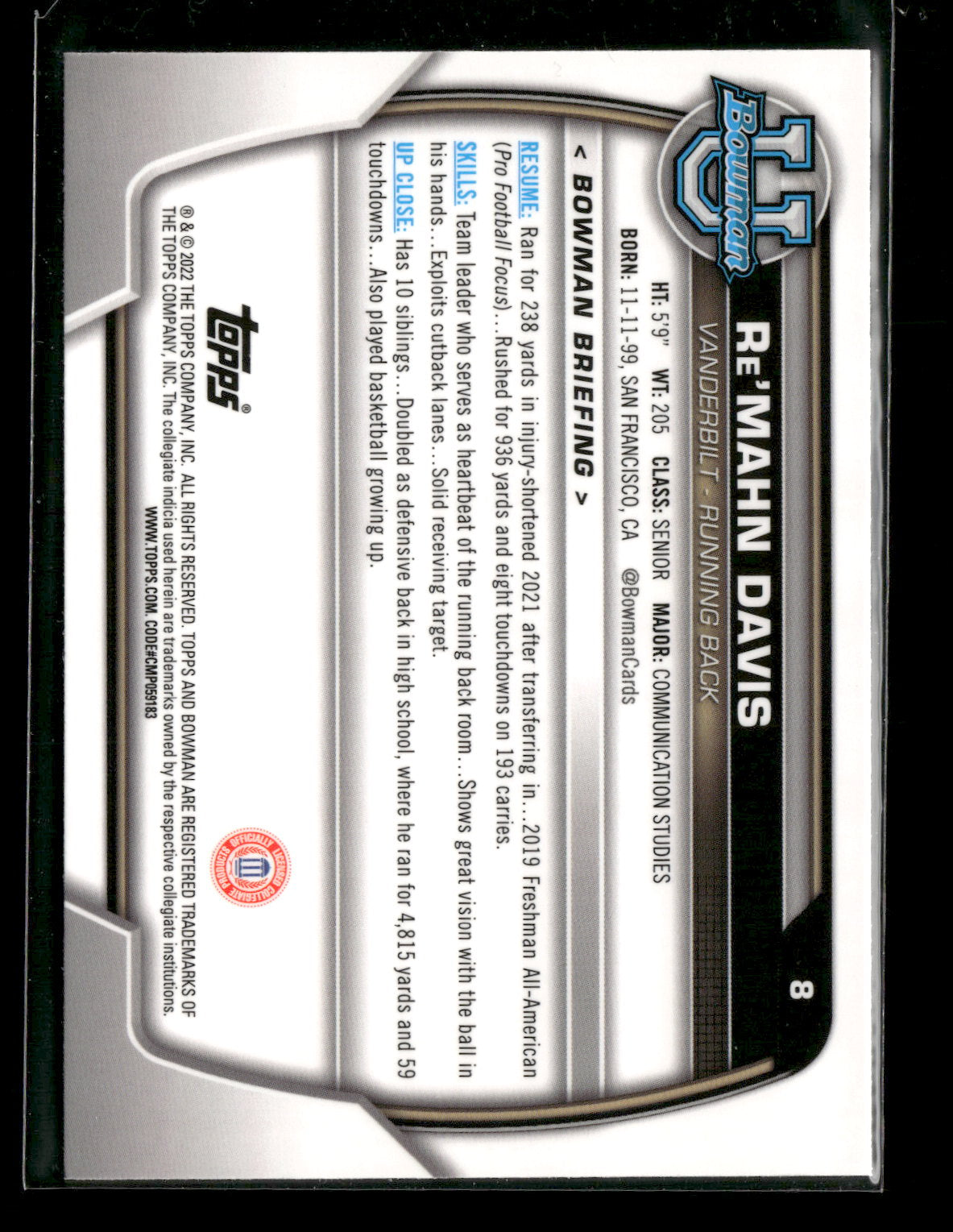 2022 Bowman Chrome University Football Re'Mahn Davis #8 Pink Refractor 1st Bowman