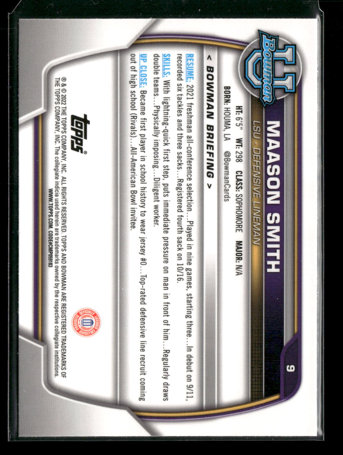 2022 Bowman Chrome University Football Maason Smith #9 Pink Refractor