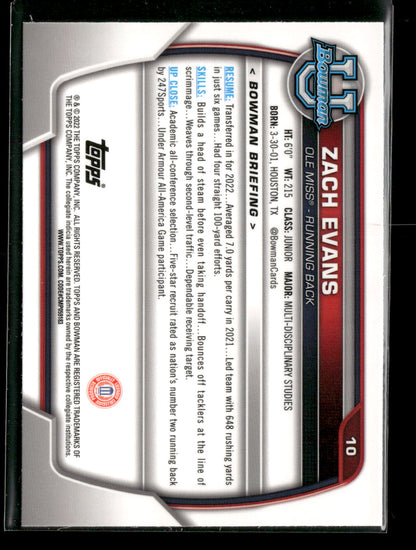 2022 Bowman Chrome University Football Zach Evans #10 Pink Refractor