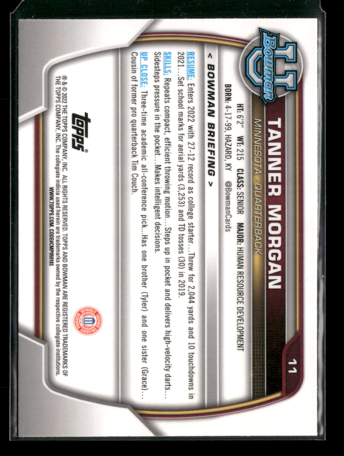 2022 Bowman Chrome University Football Tanner Morgan #11 Pink Refractor 1st Bowman