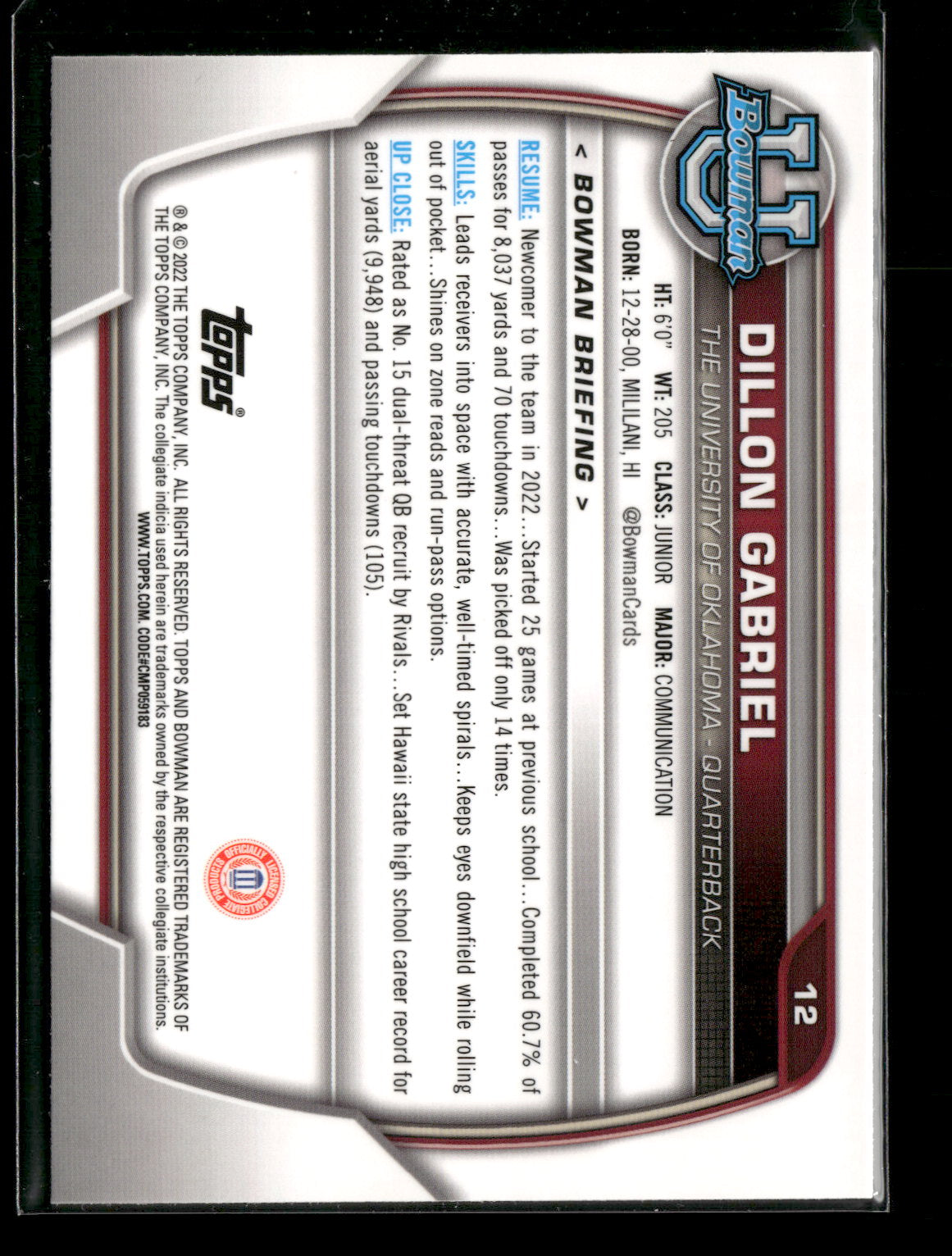 2022 Bowman Chrome University Football Dillon Gabriel #12 Pink Refractor