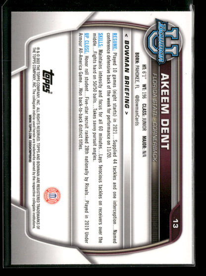 2022 Bowman Chrome University Football Akeem Dent #13 Pink Refractor