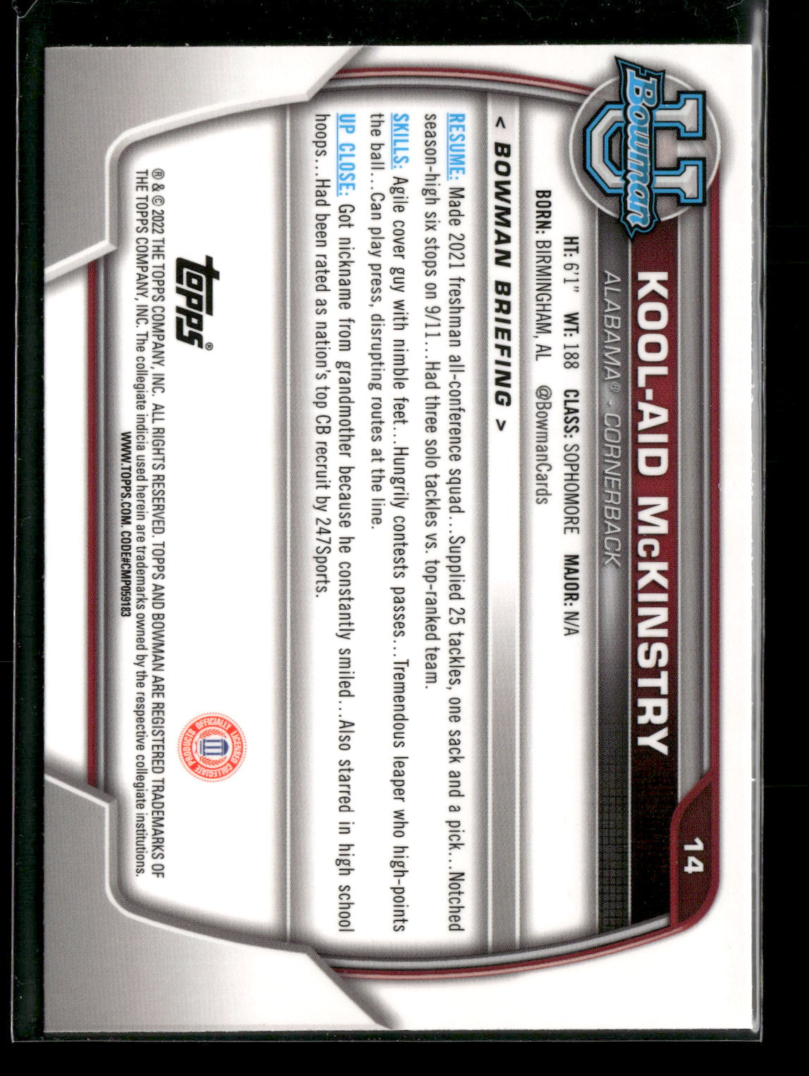 2022 Bowman Chrome University Football Kool-Aid McKinstry #14 Pink Refractor 1st Bowman