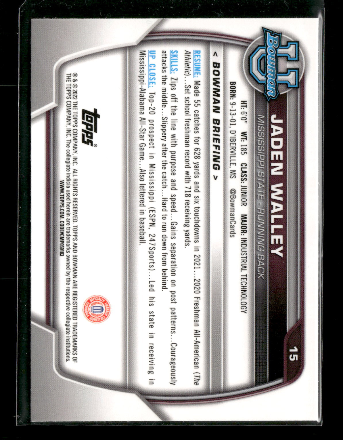 2022 Bowman Chrome University Football Jaden Walley #15 Pink Refractor 1st Bowman