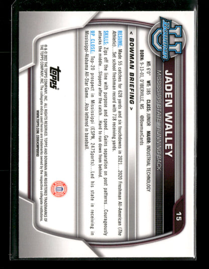 2022 Bowman Chrome University Football Jaden Walley #15 Pink Refractor 1st Bowman
