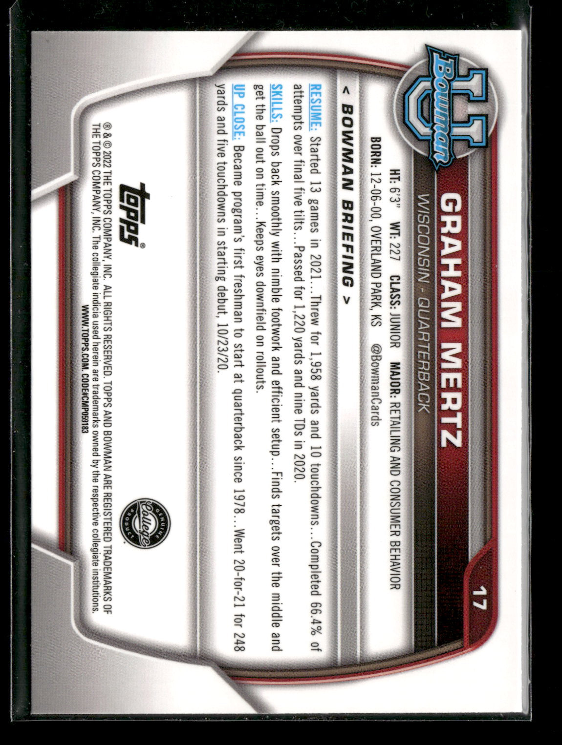 2022 Bowman Chrome University Football Graham Mertz #17 Pink Refractor