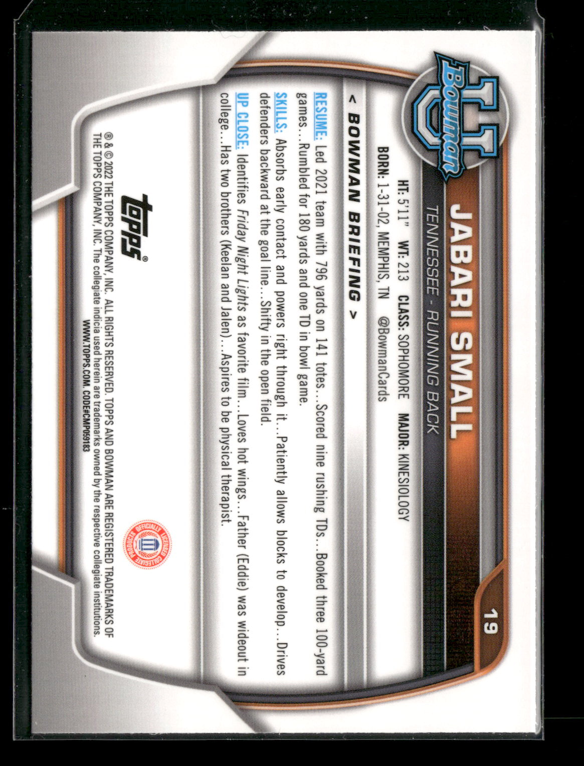 2022 Bowman Chrome University Football Jabari Small #19 Pink Refractor 1st Bowman
