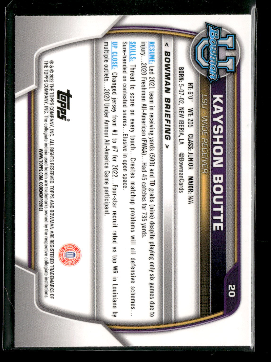 2022 Bowman Chrome University Football Kayshon Boutte #20 Pink Refractor