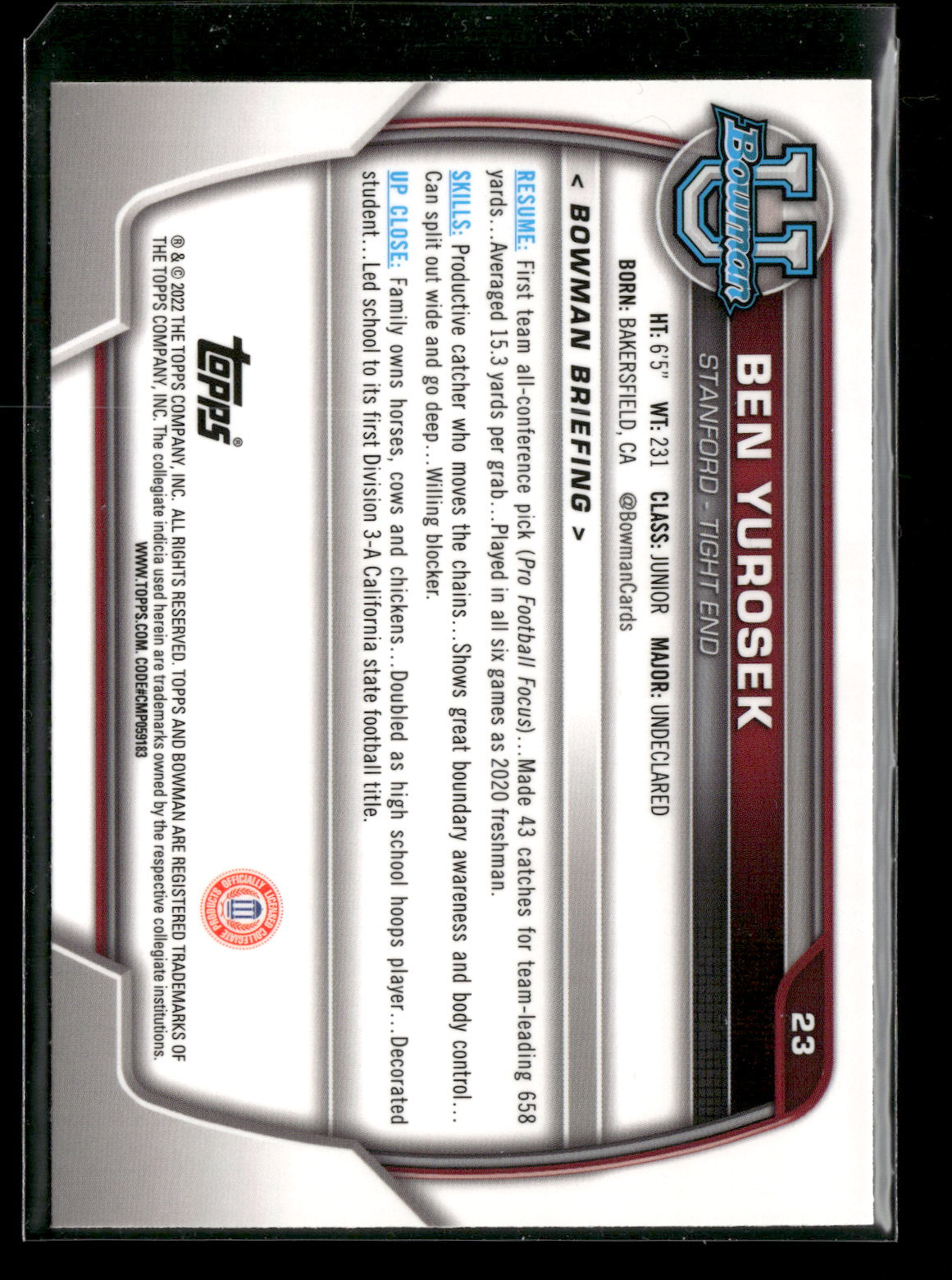 2022 Bowman Chrome University Football Ben Yurosek #23 Pink Refractor 1st Bowman