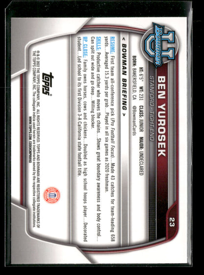 2022 Bowman Chrome University Football Ben Yurosek #23 Pink Refractor 1st Bowman