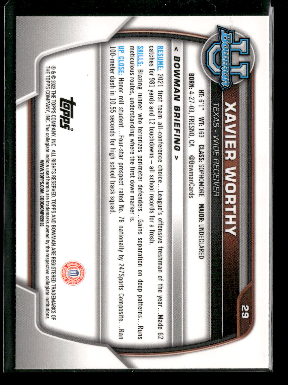 2022 Bowman Chrome University Football Xavier Worthy #29 Pink Refractor