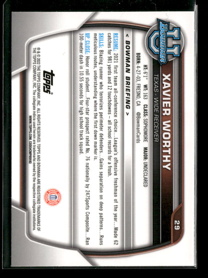 2022 Bowman Chrome University Football Xavier Worthy #29 Pink Refractor