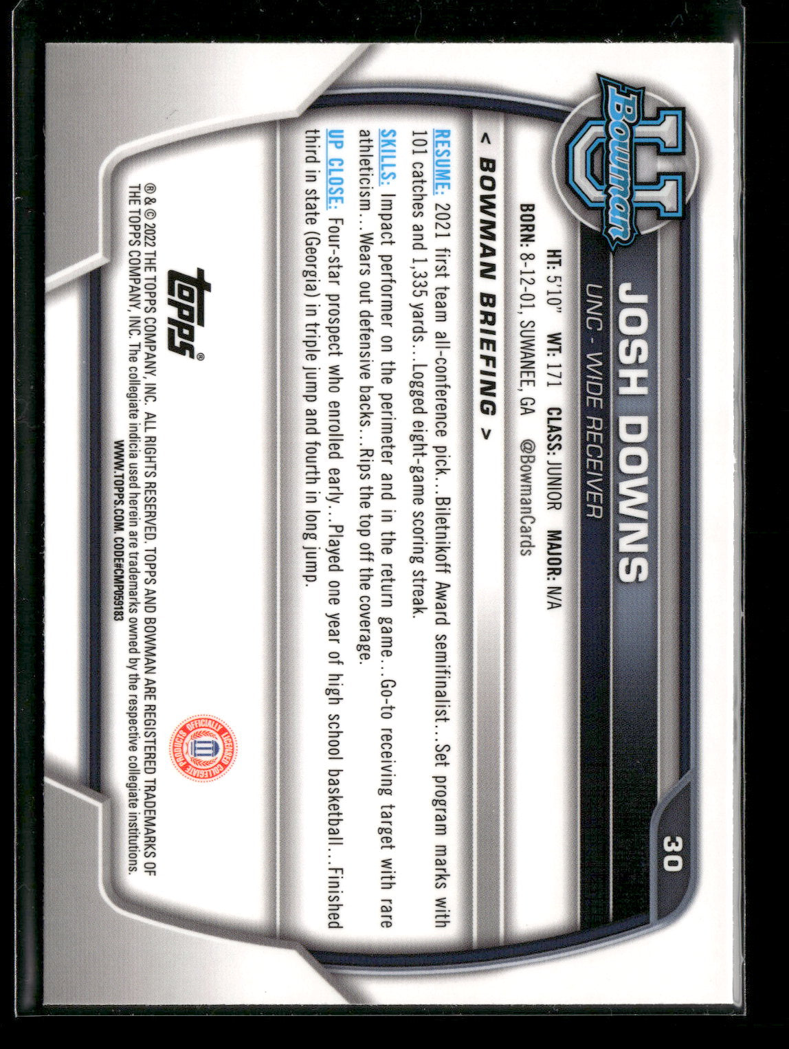 2022 Bowman Chrome University Football Josh Downs #30 Pink Refractor