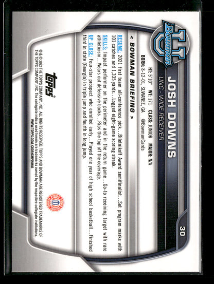 2022 Bowman Chrome University Football Josh Downs #30 Pink Refractor