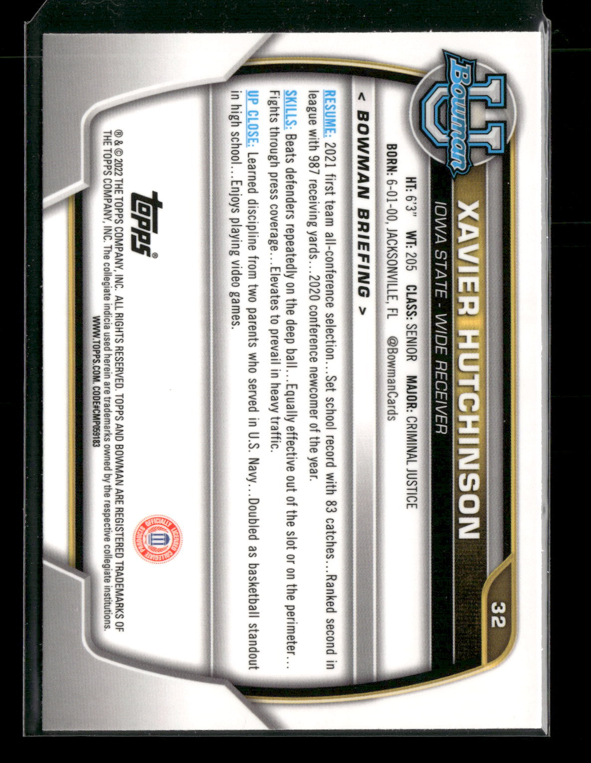 2022 Bowman Chrome University Football Xavier Hutchinson #32 Pink Refractor 1st Bowman
