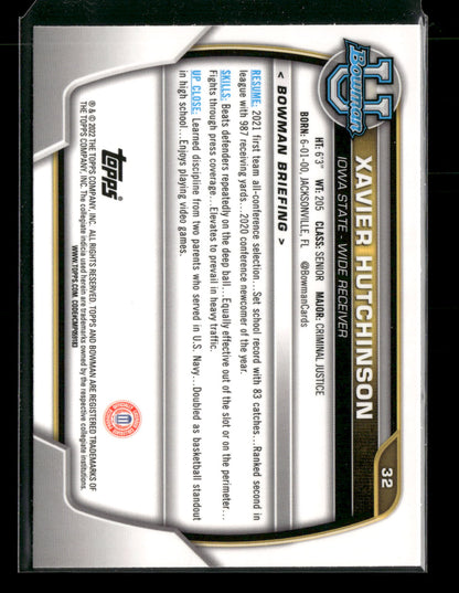 2022 Bowman Chrome University Football Xavier Hutchinson #32 Pink Refractor 1st Bowman