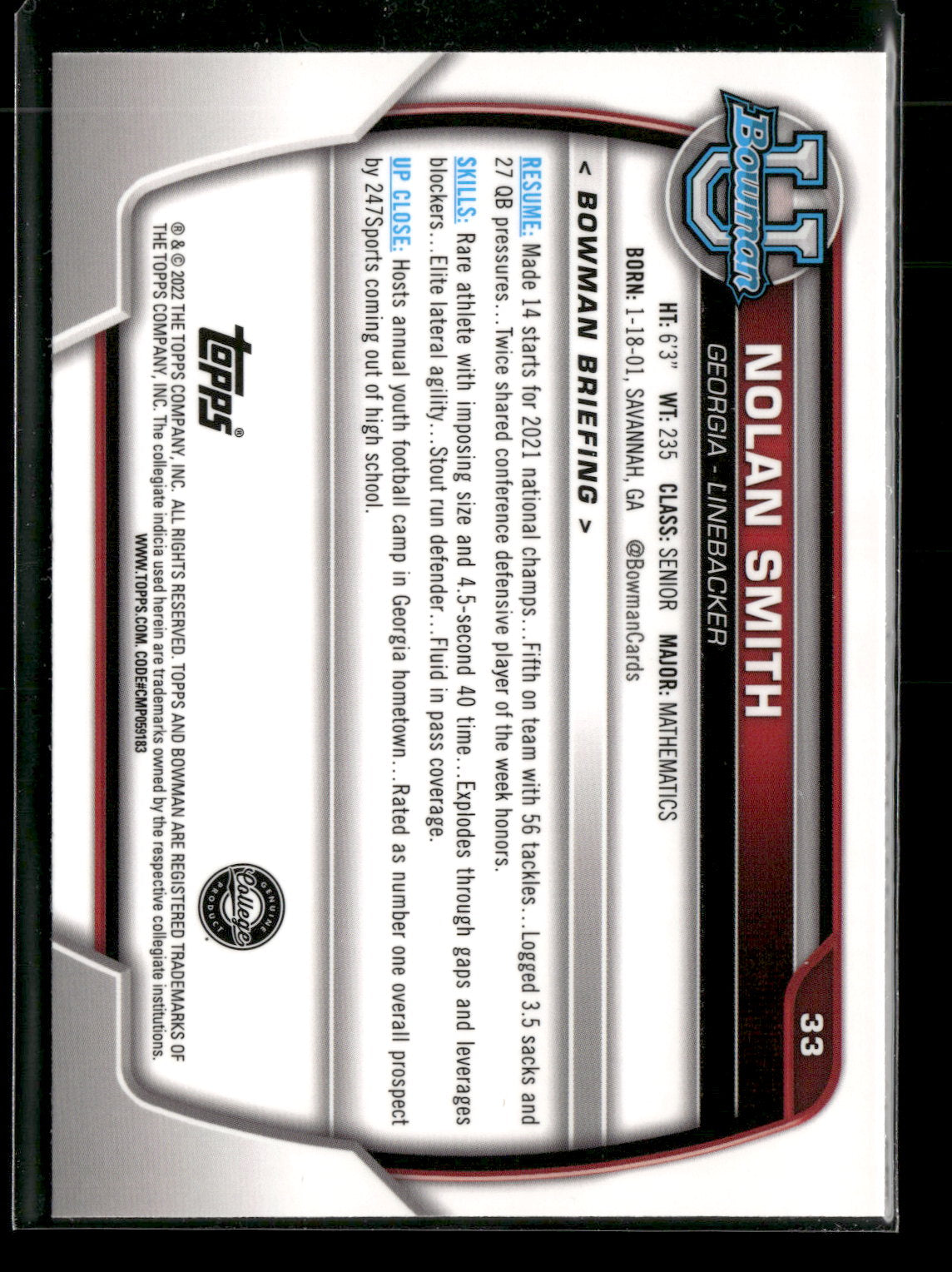 2022 Bowman Chrome University Football Nolan Smith #33 Pink Refractor 1st Bowman
