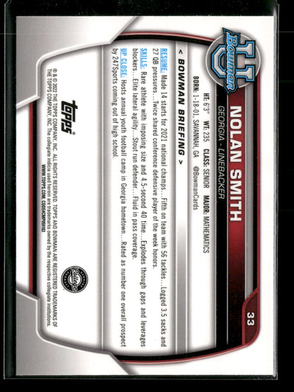 2022 Bowman Chrome University Football Nolan Smith #33 Pink Refractor 1st Bowman