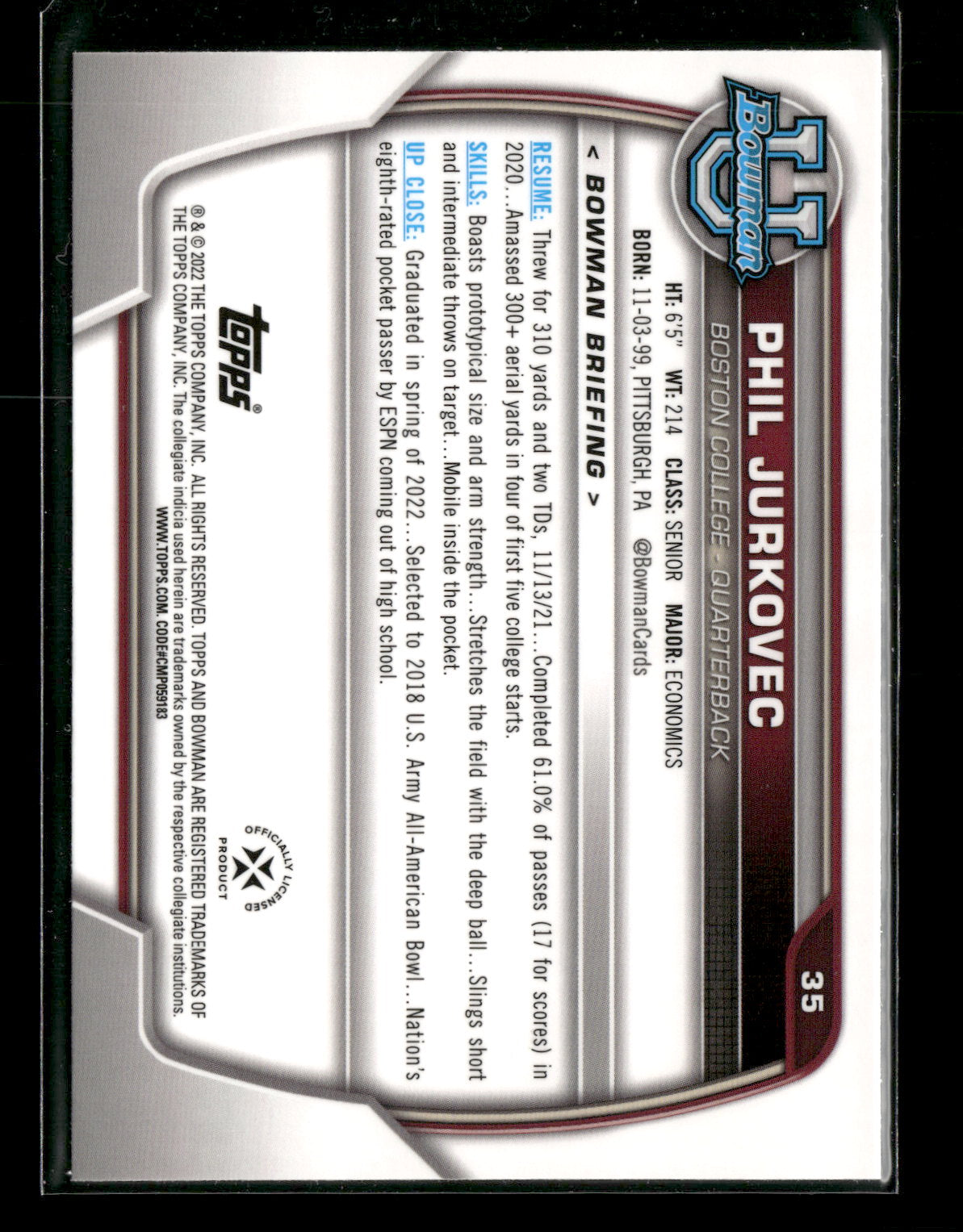 2022 Bowman Chrome University Football Phil Jurkovec #35 Pink Refractor 1st Bowman