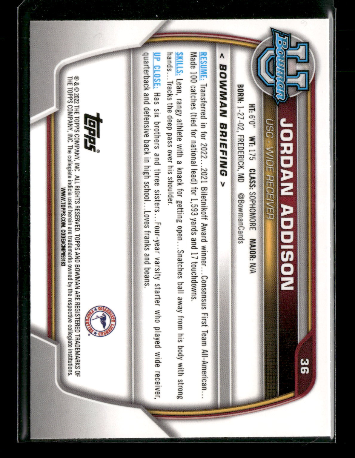 2022 Bowman Chrome University Football Jordan Addison #36 Pink Refractor 1st Bowman