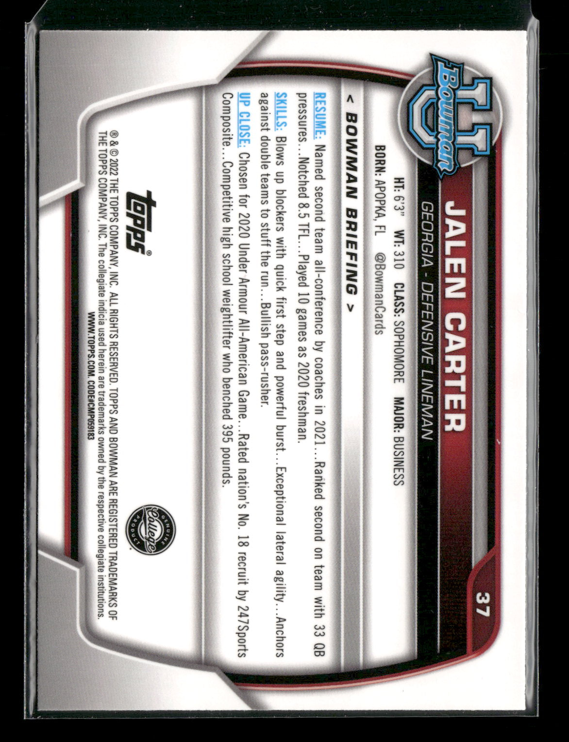 2022 Bowman Chrome University Football Jalen Carter #37 Pink Refractor 1st Bowman