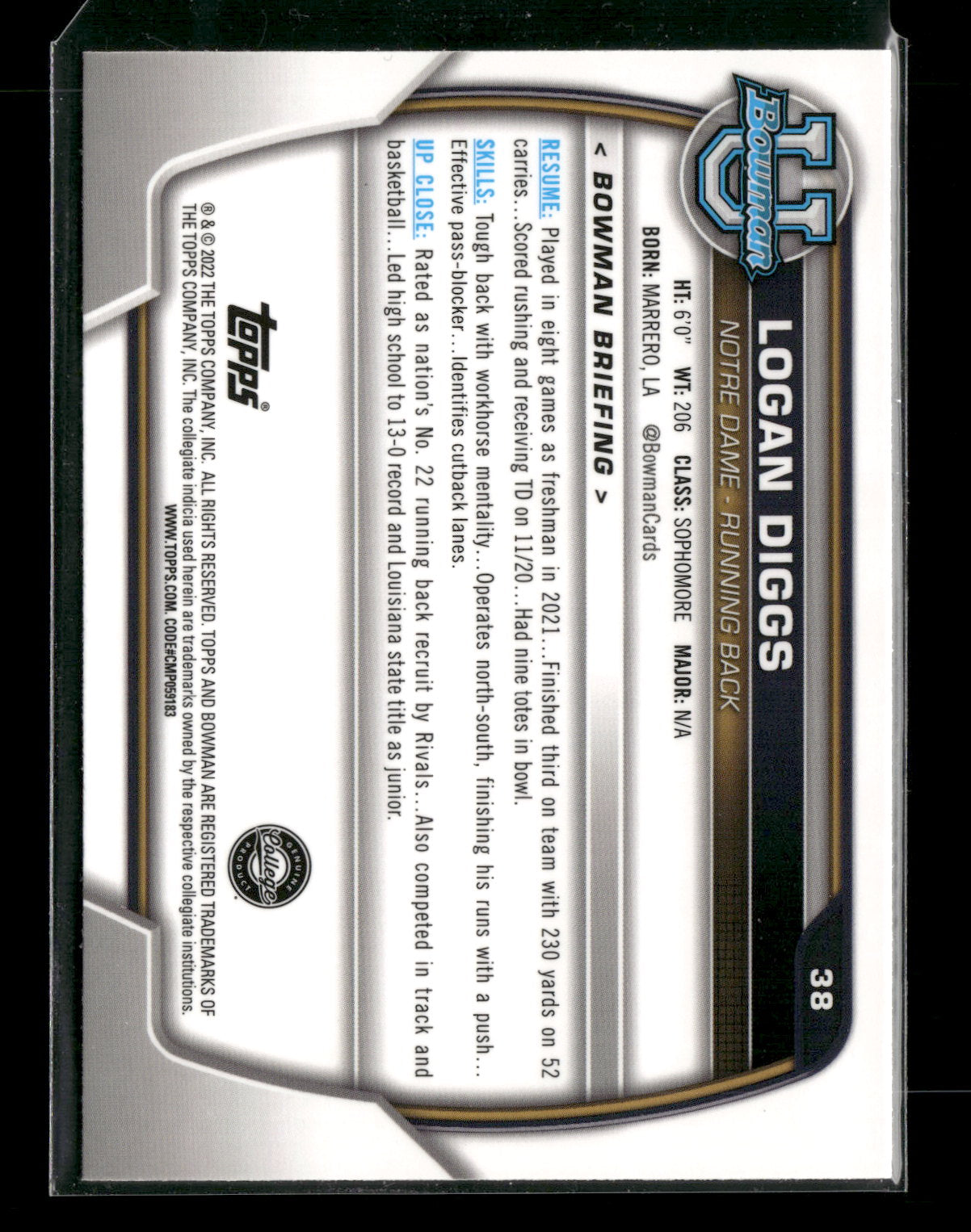 2022 Bowman Chrome University Football Logan Diggs #38 Pink Refractor 1st Bowman