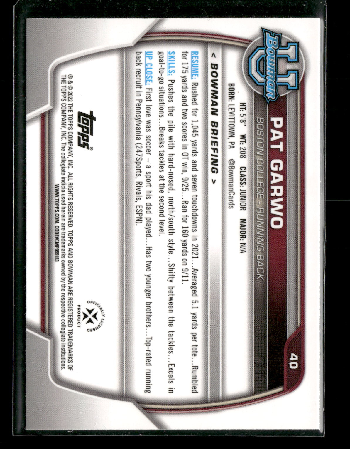 2022 Bowman Chrome University Football Pat Garwo #40 Pink Refractor 1st Bowman