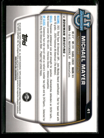 2022 Bowman Chrome University Football Michael Mayer #41 Pink Refractor 1st Bowman