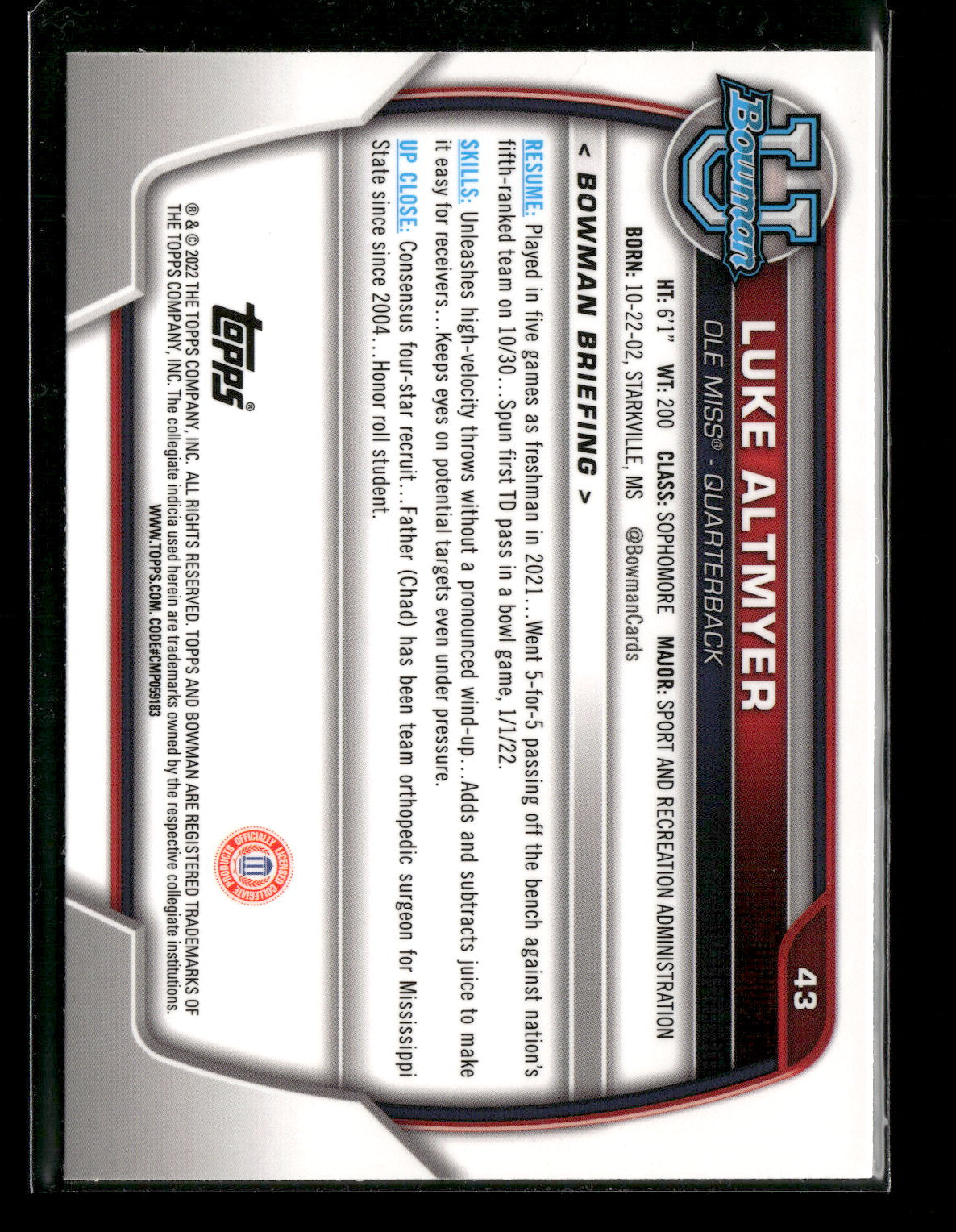 2022 Bowman Chrome University Football Luke Altmyer #43 Pink Refractor 1st Bowman